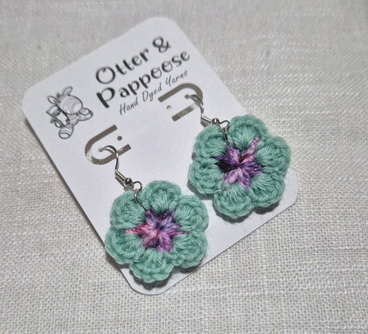 Flower Earrings - Hook 925 Silver - Mint with Sparkle Pink & Purple