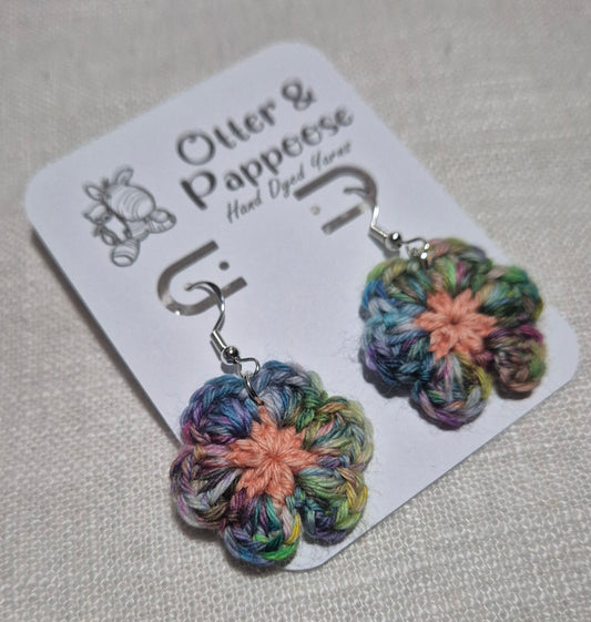 Flower Earrings - Hook 925 Silver - Blue Rainbow with Peach
