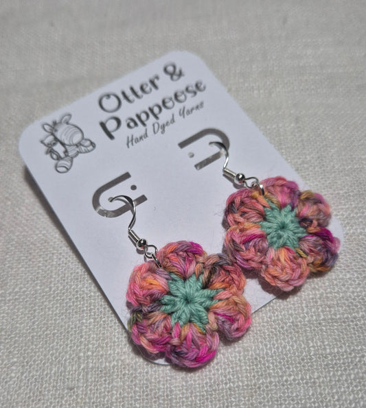 Flower Earrings - Hook 925 Silver - Rainbow Pink with Mint