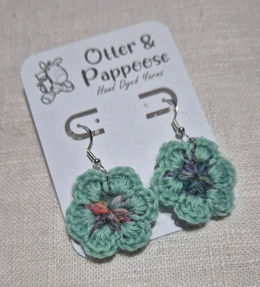 Flower Earrings - Hook 925 Silver - Mint with Blue Rainbow